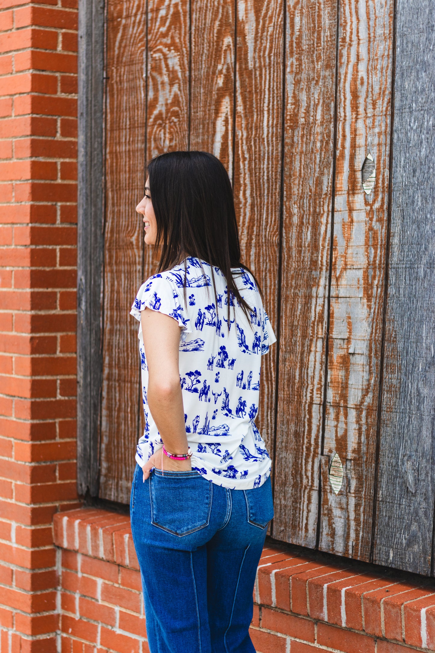 Western toile print flutter sleeve top