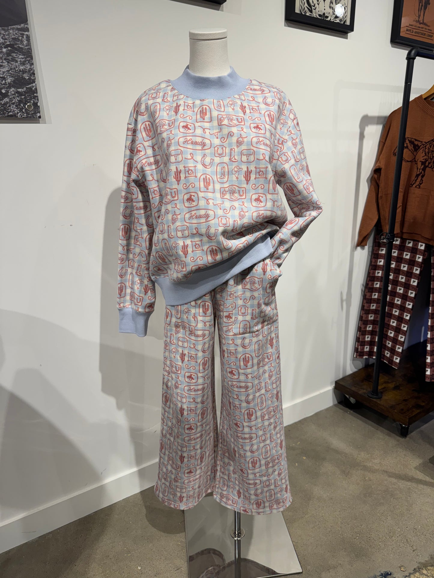 Fleece crop lounge pant with western gingham print