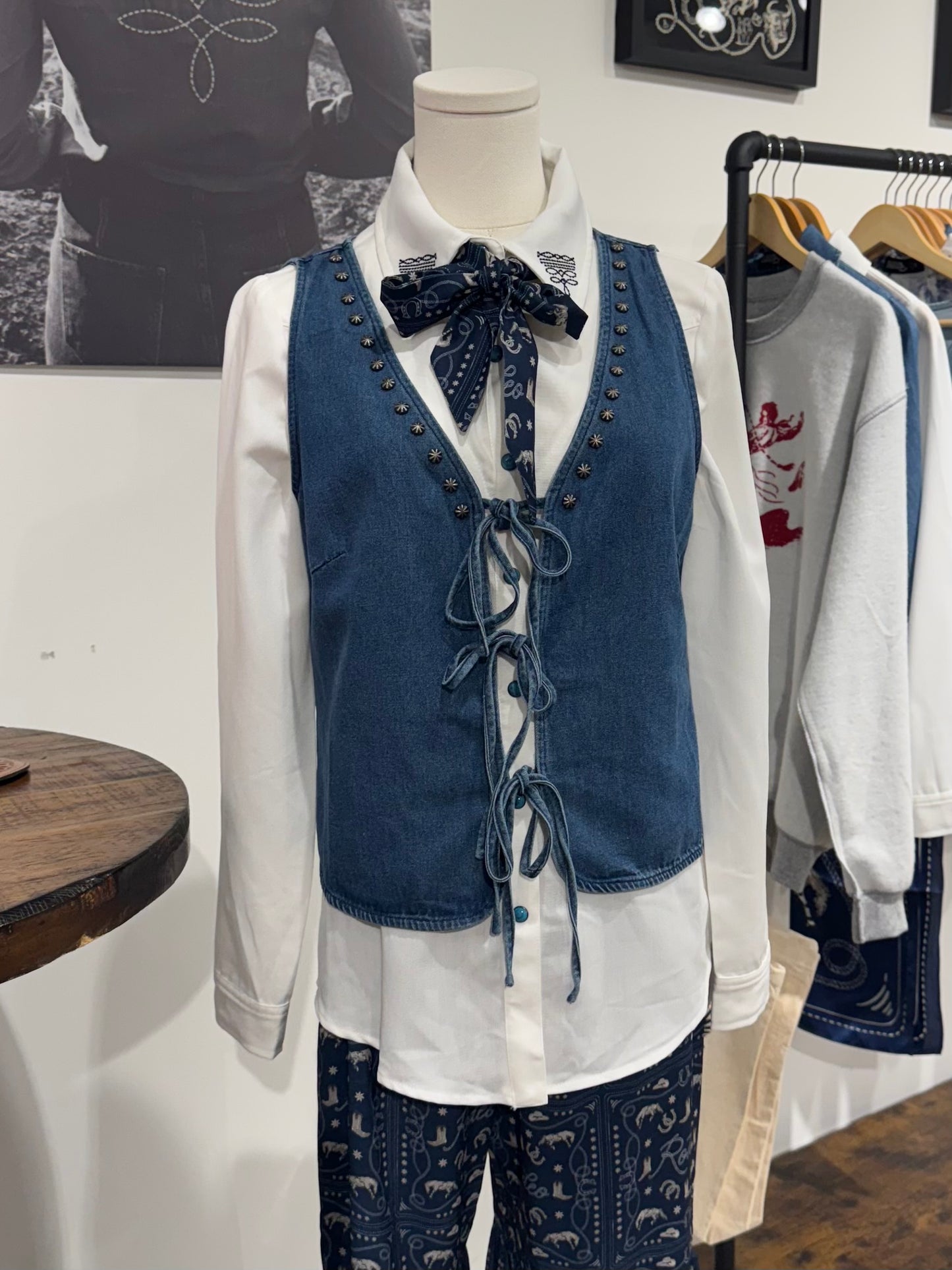 Denim tie vest with western stud trim