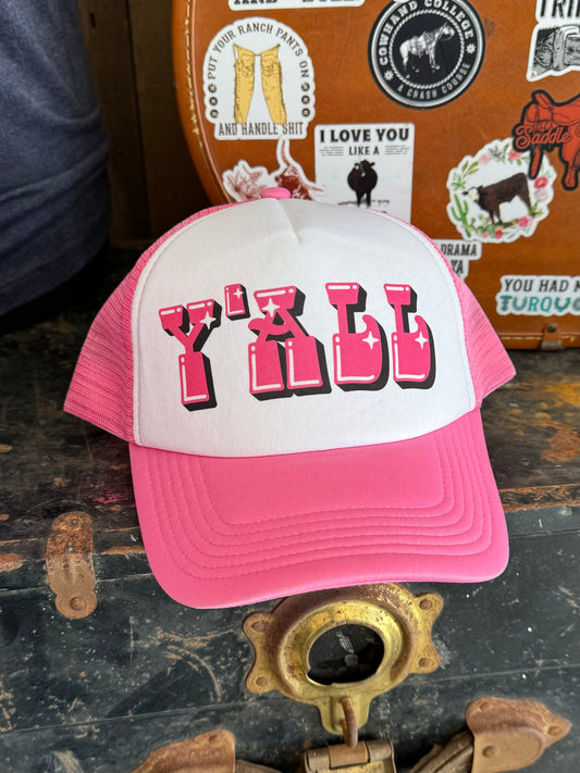 Y'all pink and white foam trucker hat