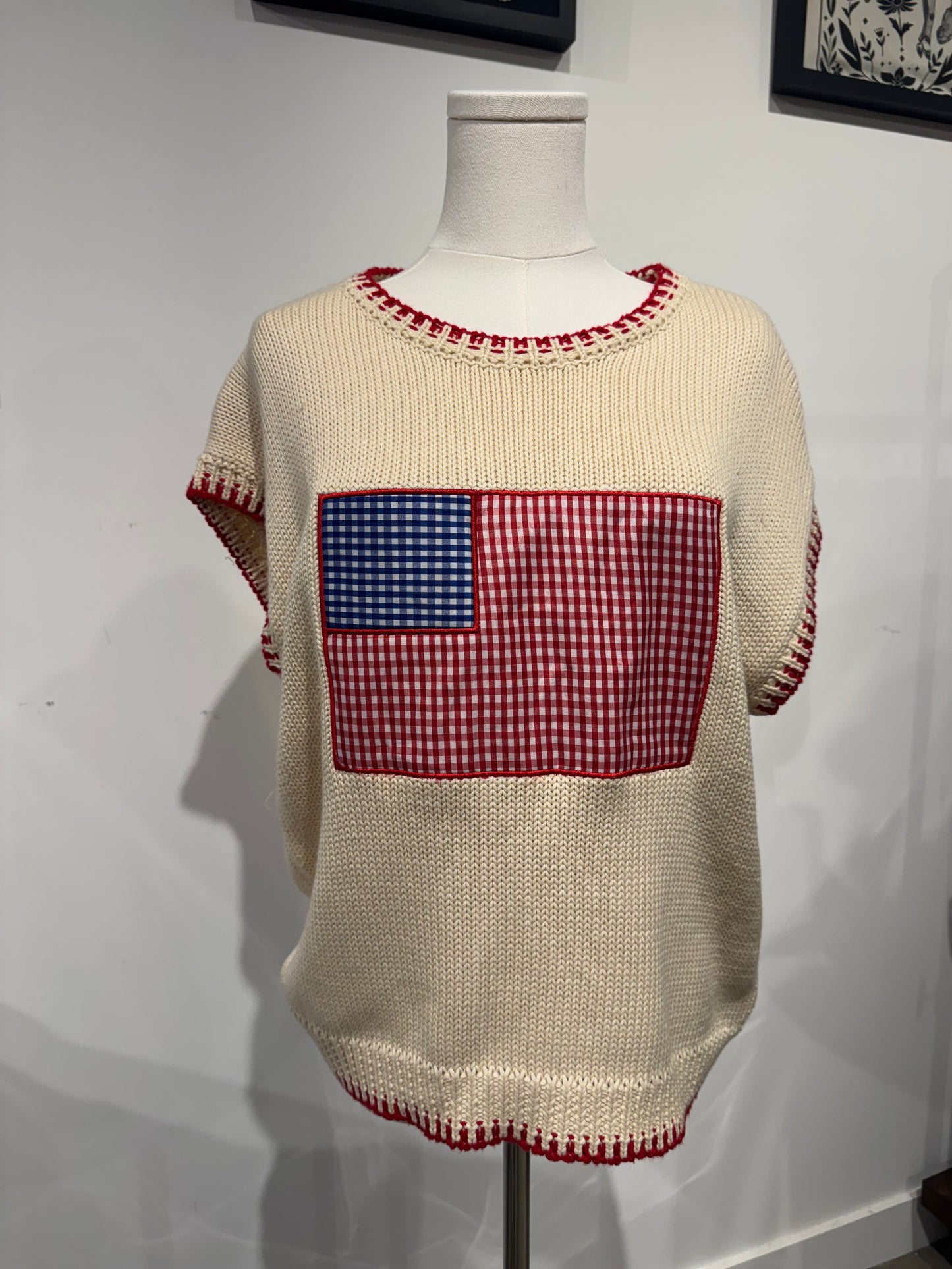 Gingham American flag cream knit USA red white and blue