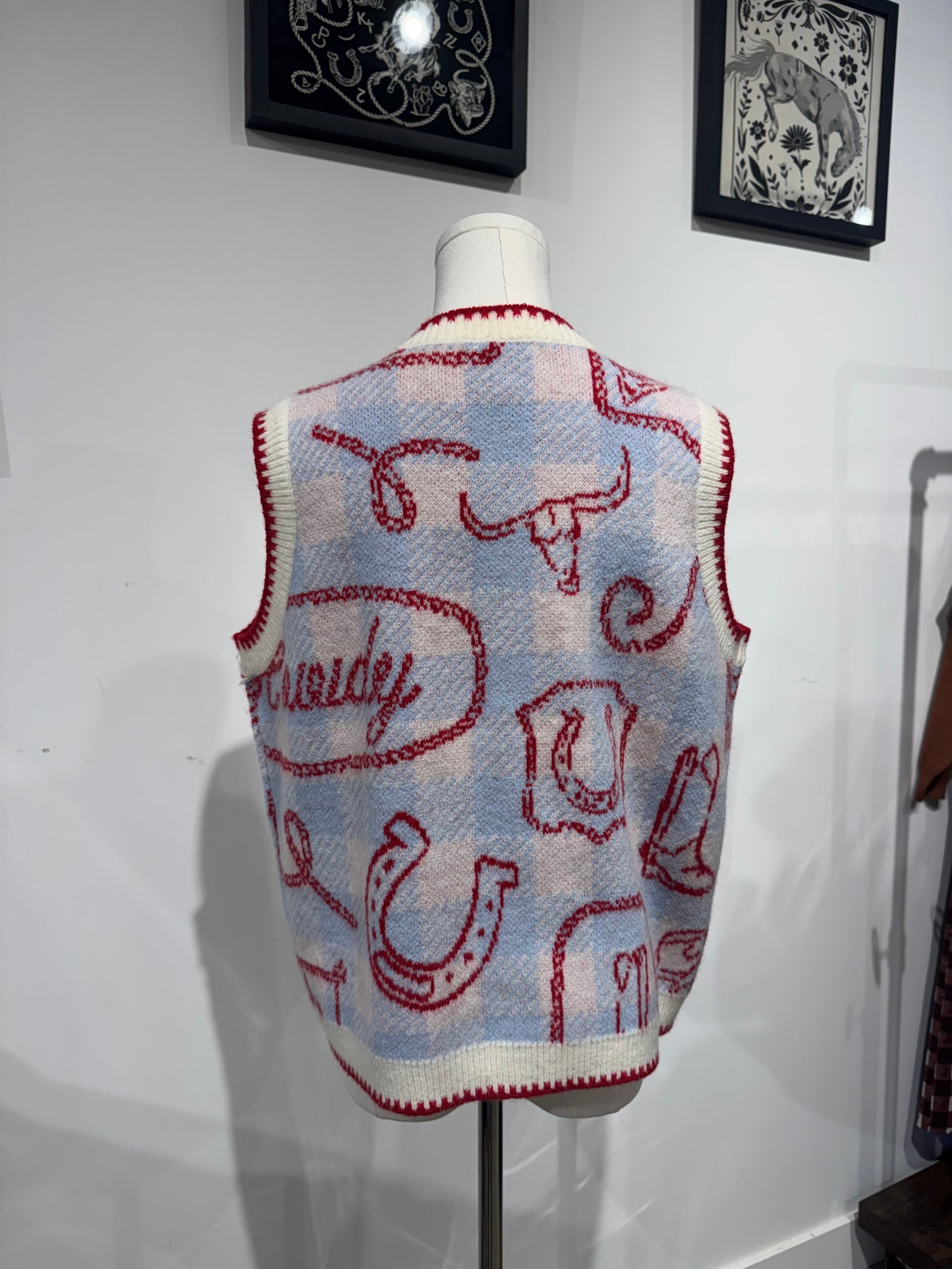 Howdy sweater vest with gingham western icon print red blue
