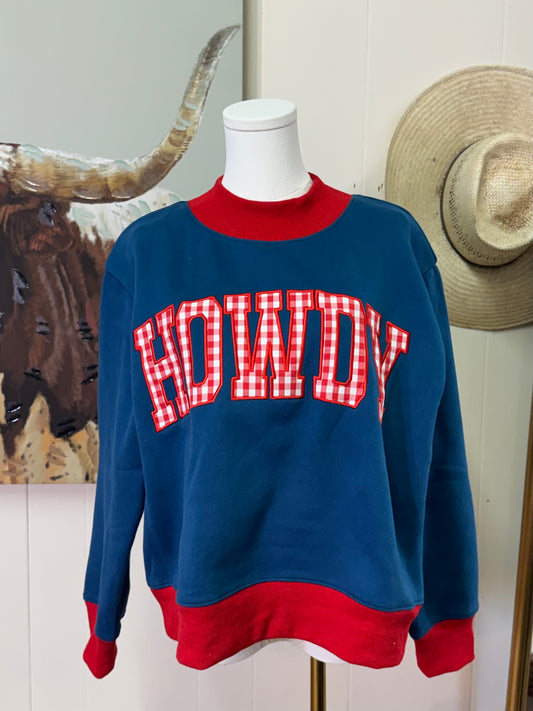 Red gingham Howdy applique mock neck blue sweatshirt