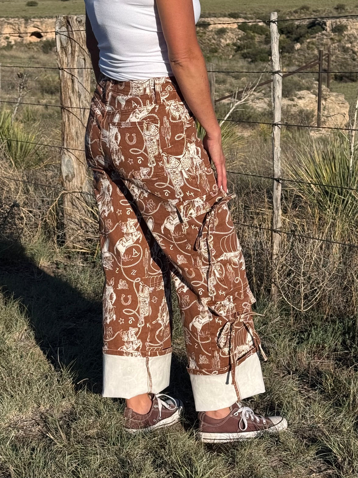 Ranch Roundup western print wide leg cargo jeans with pocket ties