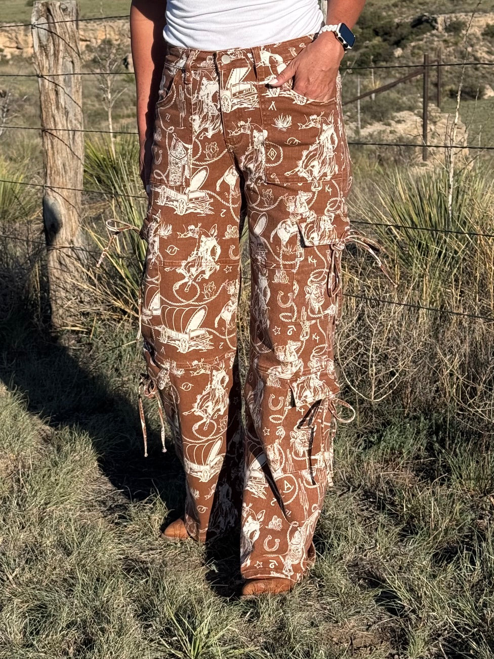 Ranch Roundup western print wide leg cargo jeans with pocket ties