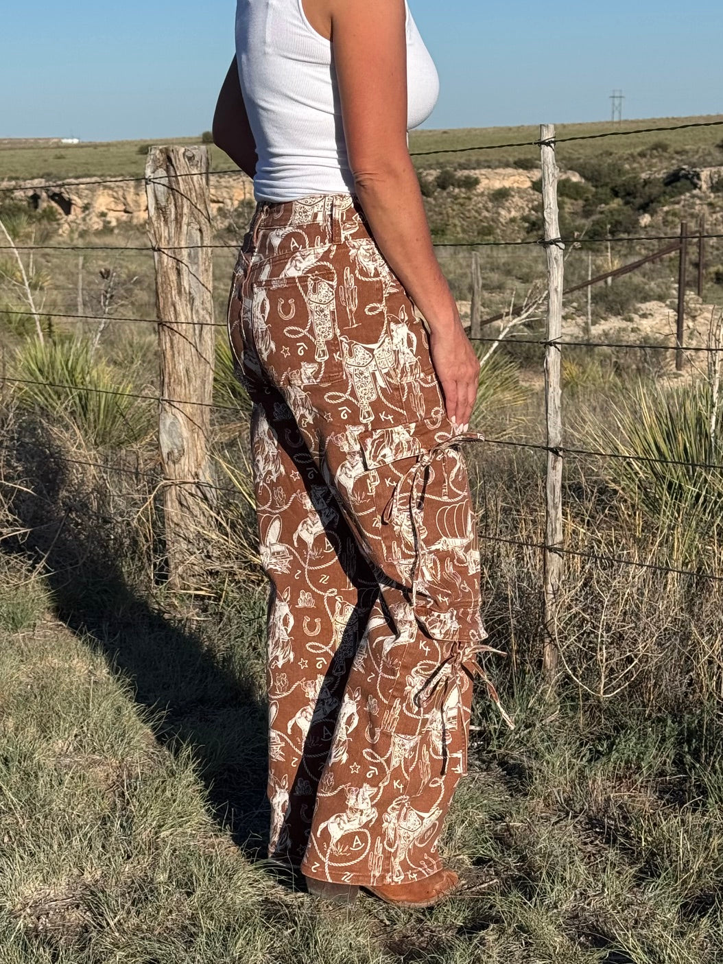 Ranch Roundup western print wide leg cargo jeans with pocket ties