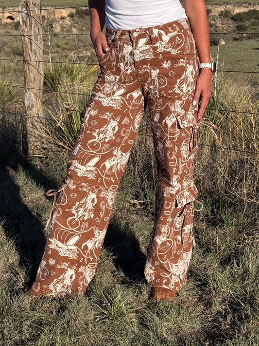 Ranch Roundup western print wide leg cargo jeans with pocket ties